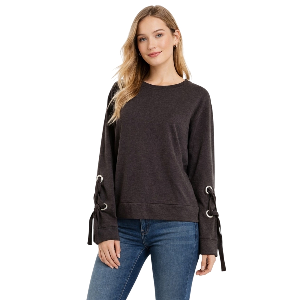 Arizona Jean Co. Grommet Lace-Up Sleeve Sweatshirt - Charcoal Gray - Size Small